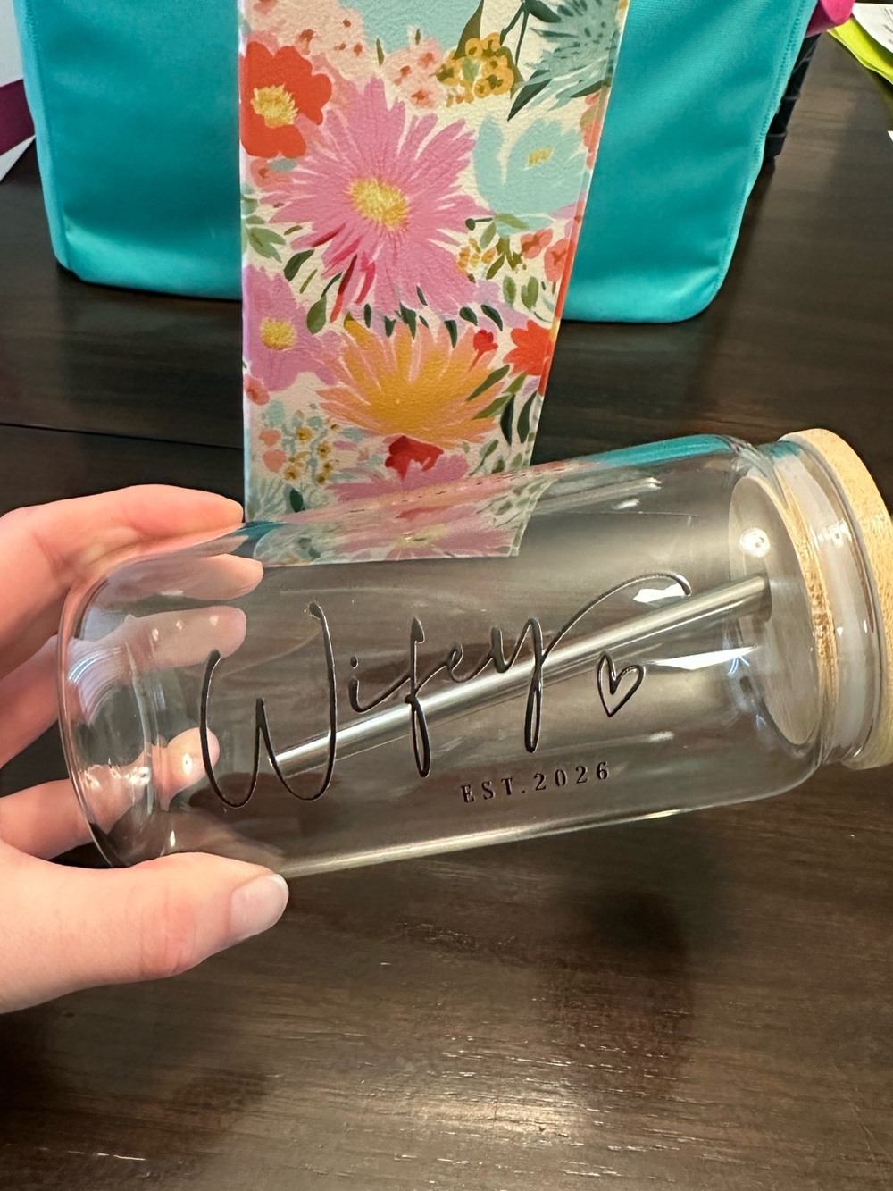 Wifey Glass Tumbler with Cork Lid and Stainless Straw - Clear